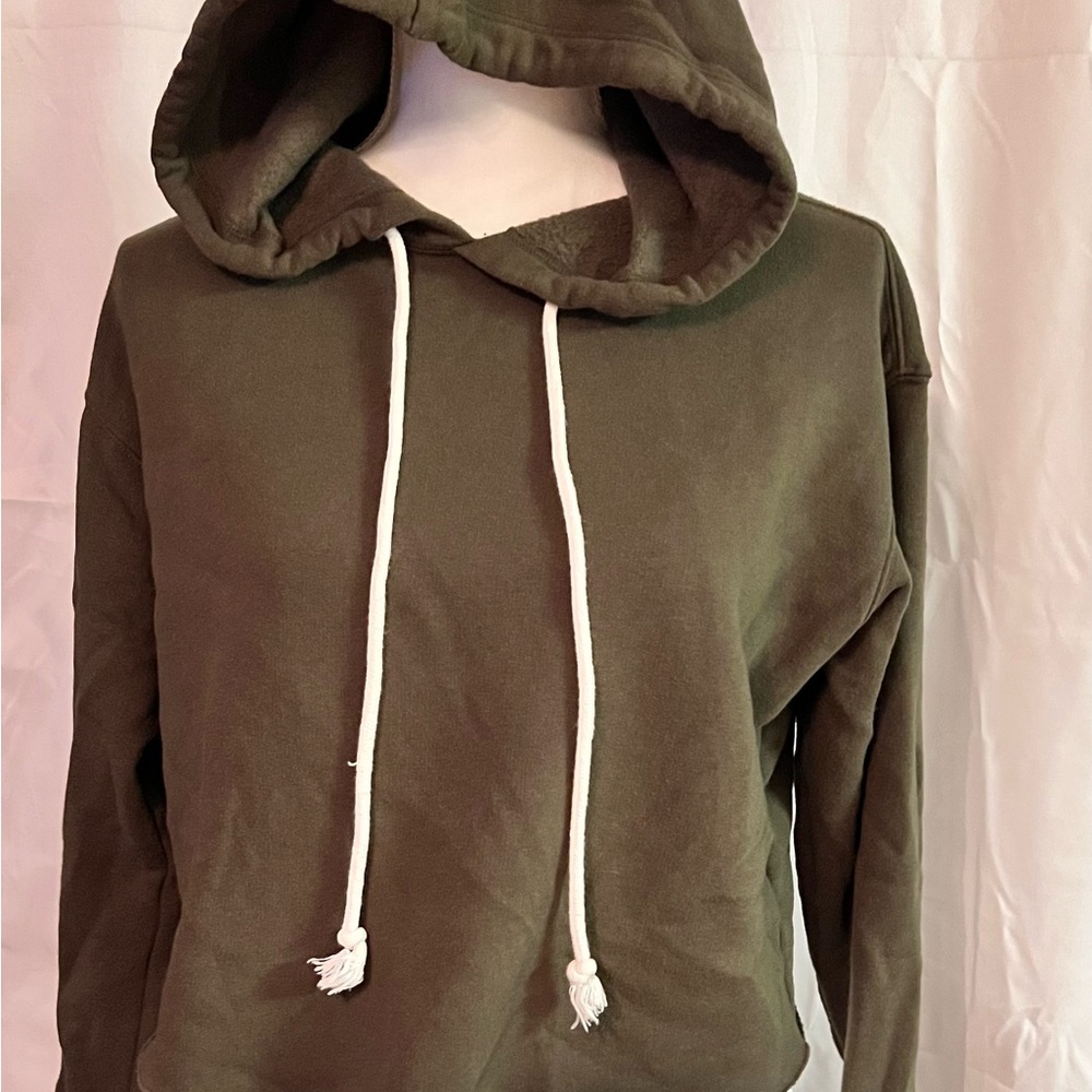 Wild Fable Olive Green Crop Hoodie with White Drawstrings